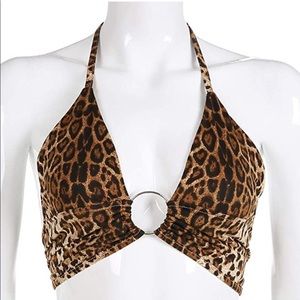 Leopard Women Halter Backless Cami Crop O-Ring Top